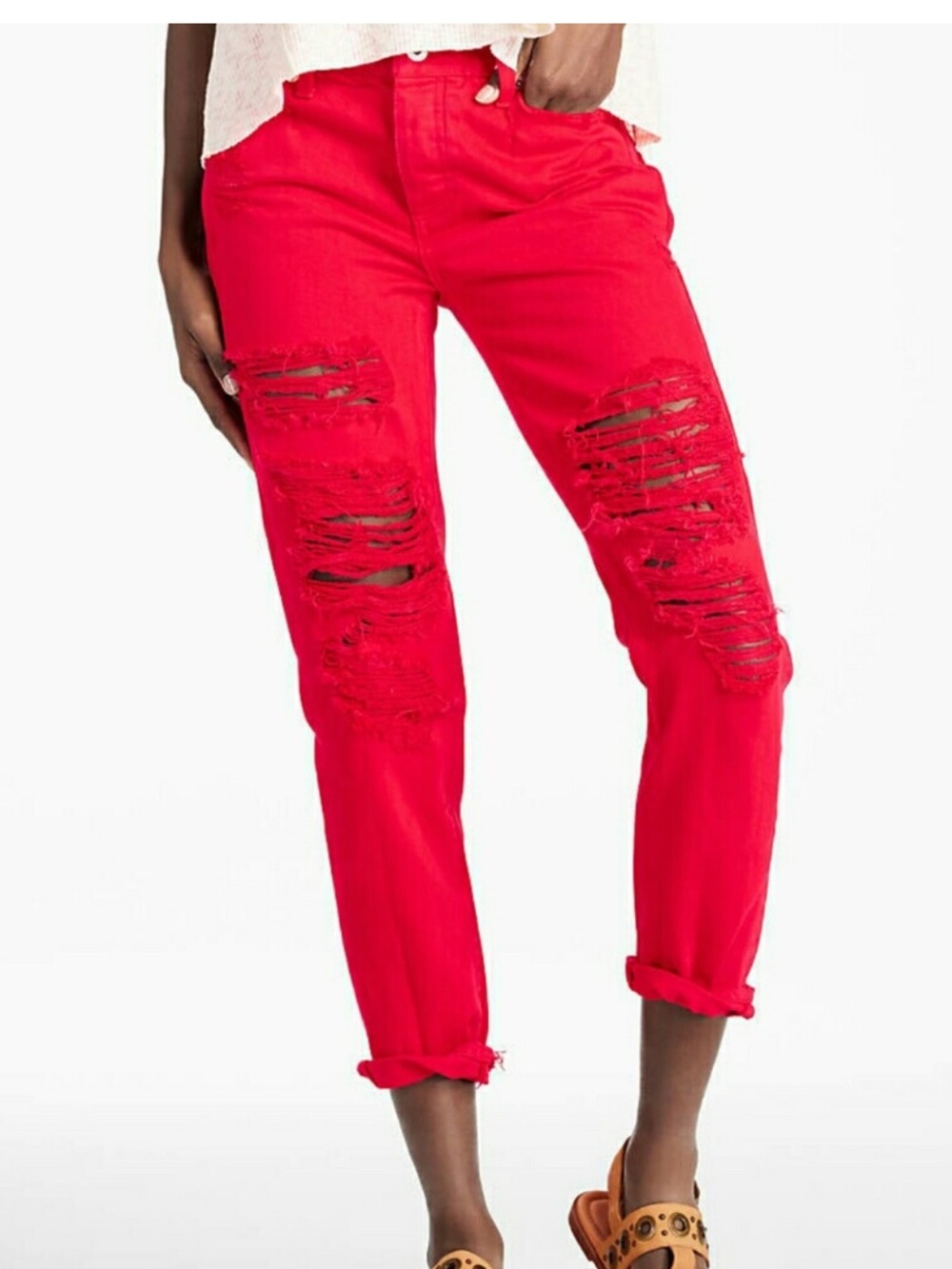 NEW Lucky Brand Red Distressed Sienna Slim Boyfriend Button Fly Jeans Sz 0 / 25
